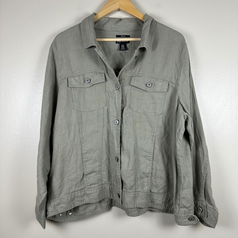 Jones New York Women's 1X Jacket Green 100% Linen Button Front Trucker Pockets